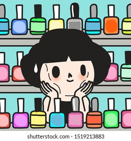 Cute Girl Slowly Turns Her Face To Bone While Spending Too Much Time For Picking A Plenty Of Nail Colors. Beauty Care Concept Card Character illustration