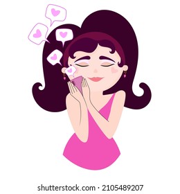 
Cute girl with smartphone, love message. Feelings of love, happiness, joy.