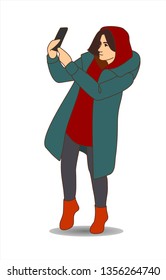 Cute girl with a smartphone, taking a picture or taking a selfie. Trip photography, travel, lifestyle blogging. Modern flat vector illustration isolated on white background.
