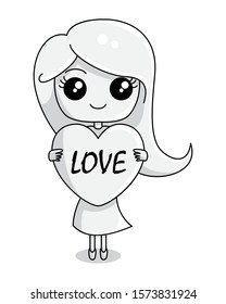 Cute Girl Smile Holding Love Heart Cartoon Coloring Page