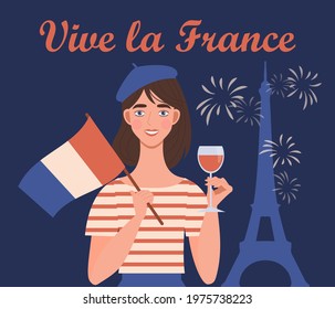 A cute girl smiles, holds the flag of France and a glass of wine. Text "Vive la France". A festive illustration for the French National Celebration on July 14.