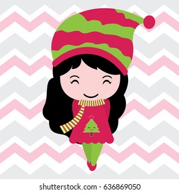 Cute girl smiles on chevron background vector cartoon, Xmas postcard, wallpaper, and greeting card, T-shirt design for kids