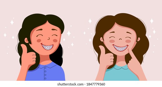 Cute girl smiles and shows braces, illustration of a girl with braces, even teeth and a wide smile. The trend of flat design character, smile and braces. Concept of dental care.