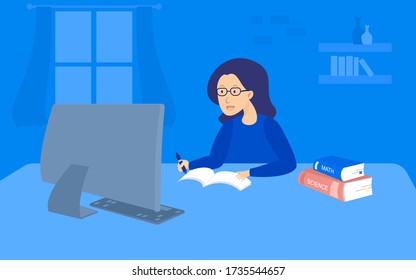 Cute girl is smiling happy in studying online lessons with her computer. She notes the content and has a book on science, mathematics to read more for knowledge. In the office at home Blue background.