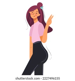 Cute girl smiling and making a welcome gesture. Confident female character showing a cool gesture. Positive emotions and good mood. Vector isolated, flat style. Positive mood concept.