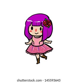 Cute girl smiling with purple hair in pink lace dress wearing a red rose on her head