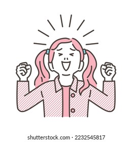 Cute girl smiling and raising her fists in the air with joy [Vector illustration].