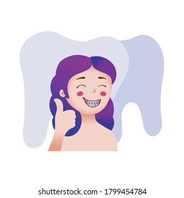 Cute girl smiling and showing braces, illustration of a girl with braces, even teeth and a wide smile, teeth drawn in the background, flat design, hand drawing, purple hair, smile and braces