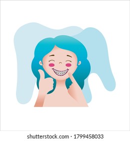 Cute girl smiling and showing braces, illustration of a girl with braces, even teeth and a wide smile, teeth drawn in the background, flat design, hand drawing, turquoise-green hair, smile and braces