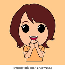 Cute girl smiling showing her pretty. Smile pointing fingers at mouth