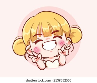 Cute girl smiling showing two fingers gesture logo banner hand drawn cartoon art illustration