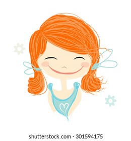 Cute girl smiling, sketch for your design, vector illustration