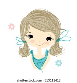 Cute girl smiling, sketch for your design, vector illustration