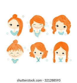 Cute girl smiling, sketch for your design, vector illustration