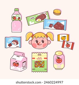 Chica linda y bocadillos como leche de fresa, gusanos gomosos, soda y chocolate. Ilustración vectorial de comida dulce chatarra que a los niños podría gustarles. Opciones de almuerzo rápido en estilo plano colorido.