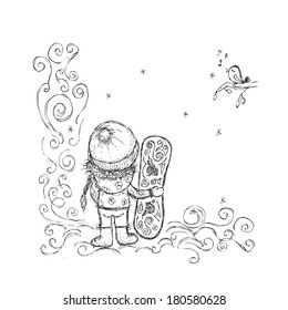 Cute girl with snowboard, sketch for your design