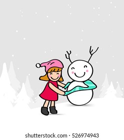 Cute girl and snowman on snow land