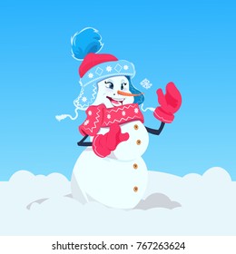 Cute Girl Snowman Wearing Winter Hat And Scarf Happy Smiling Flat Vector Illustration