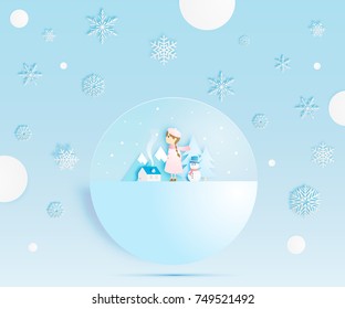 Cute girl with Snowman and Winter landscape with paper art style and pastel color scheme vector illustration