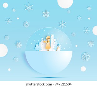 Cute girl with Snowman and Winter landscape with paper art style and pastel color scheme vector illustration