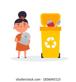 Muchacha educada clasificando basura y basura para reciclaje. La chica encontró el contenedor adecuado para la basura metálica. Educación ecológica y respetuosa con el medio ambiente. Ilustración vectorial en estilo plano