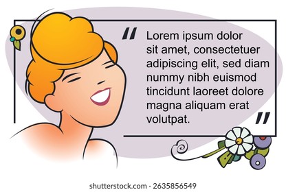 Cute girl with space for quote. Template for text messages, website, web landing page, presentation, social, promotion or print media. 