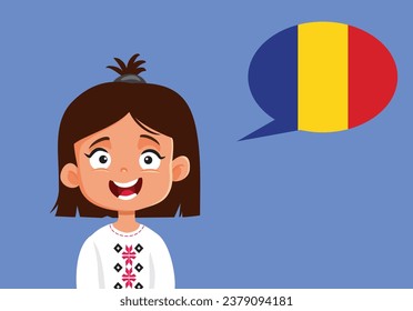 
Cute Girl Speaking Romanian Language Vector Character Design
Child wearing a traditional costume speaking native language in Romania 
