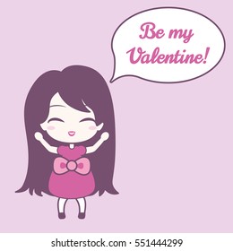 Cute girl and speech bubble with text. On pink background. Vector illustration. Sticker and card design. Be my Valentine