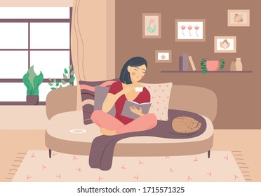 A cute girl spends time at home on the couch. She is reading a book and drinking tea in a cozy setting. Woman stay at home.Flat style vector illustration