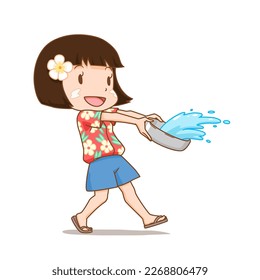 Cute girl splashing water with water bowl in Songkran festival.