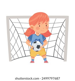 Cute Girl in Sports Shirt and Shorts Playing Football Standing Between Goalposts Holding Ball Vector Illustration