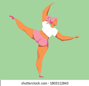 A cute girl in sports shorts and a T-shirt stands back in ecarte ballet pose . A young ballerina woman with curvaceous forms is mastering ballet and stands on one leg. Vector flat design