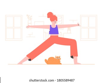 Cute girl in a sports uniform is doing yoga at home. Assana warrior. Nearby lies a cute ginger cat. Indoor physical activity. Vector flat illustration.