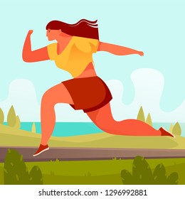 Cute girl in sports uniform runs along the road. Nature, summer. Vector cartoon illustration. Character design