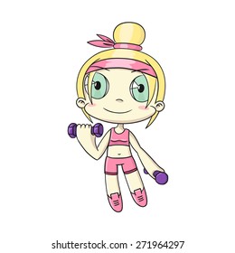 cute girl in sportswear with dumbbells