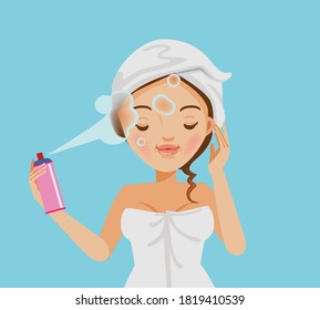 Cute girl is spray mineral water on her face. Skin care nourishing and caring. Teenage cartoon of skin treatment. Vector illustrations isolated on a blue background.