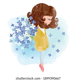 Cute girl with spring flowers, vector illustration, kids fashion artworks, children graphics, prints, greeting cards, wallpapers.