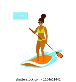 cute girl stand up paddling in the sea isolated vector illustration