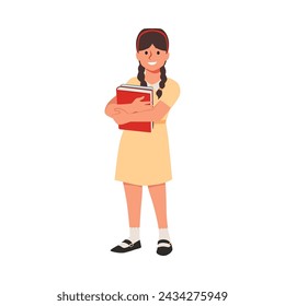 Cute girl standing with books in hands. Vector illustration of children education, student preparing for exams, back to school isolated on white. Cartoon pupil with pigtails in a school dress