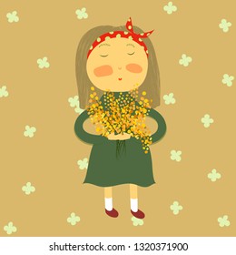 Cute  girl is standing with buquet of mimosa flowers .  Spring print design for poster or t-shirt.Cartoon vector illustration. 
