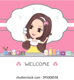 cute girl standing with cosmetics and skincare product