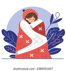 Cute girl standing covered in blanket. Young woman in blanket, cozy feeling. Hand drawn vector illustraiton.