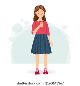 Cute girl standing and eating ice cream. Happy children or teenager, summer scene. Vector flat illustration.