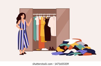 Cute girl standing in front of opened wardrobe with apparel hanging inside and pile of clothes on floor. Concept of closet declutter and organization. Flat cartoon colorful vector illustration. - Shutterstock ID 1471655339