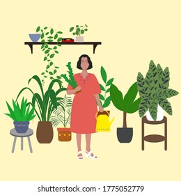 Cute girl is standing in greenhouse among plants. Everyday life of young woman with yellow watering can taking care for houseplants indoors. Home gardening and leisure during quarantine. Cartoon style