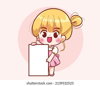 Cute girl standing holding empty sign banner hand drawn cartoon art illustration