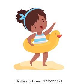 Cute Girl Standing with Inflatable Yellow Duck Swim Ring, Kids Summer Activities, Adorable Child Having Fun on Beach on Holidays Cartoon Vector Illustration