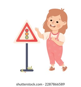 Cute Girl Standing Near Minimum Speed Traffic Sign on Pole Learning Rules of Road Vector Illustration