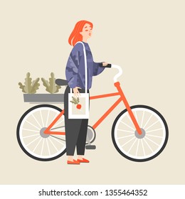Cute girl standing next to a bike with boxes of seedlings on the trunk. Cartoon character