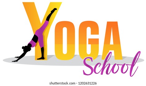A cute girl standing on her hands. Flexible girl silhouette. Yoga day, body and mind. Concept of colorful creative vector illustration for yoga event, school, club, web, logotype, studio, company. 